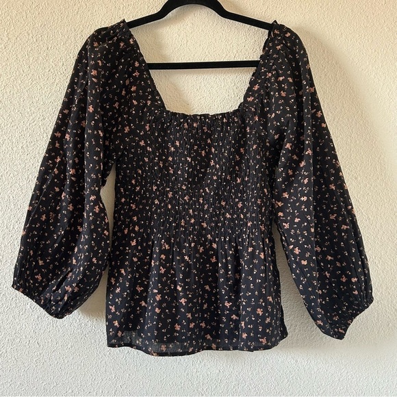 Madewell Women’s Peasant Smock Blouse Sz 4 Black Dixie Floral Print Cottage Core - Picture 1 of 8